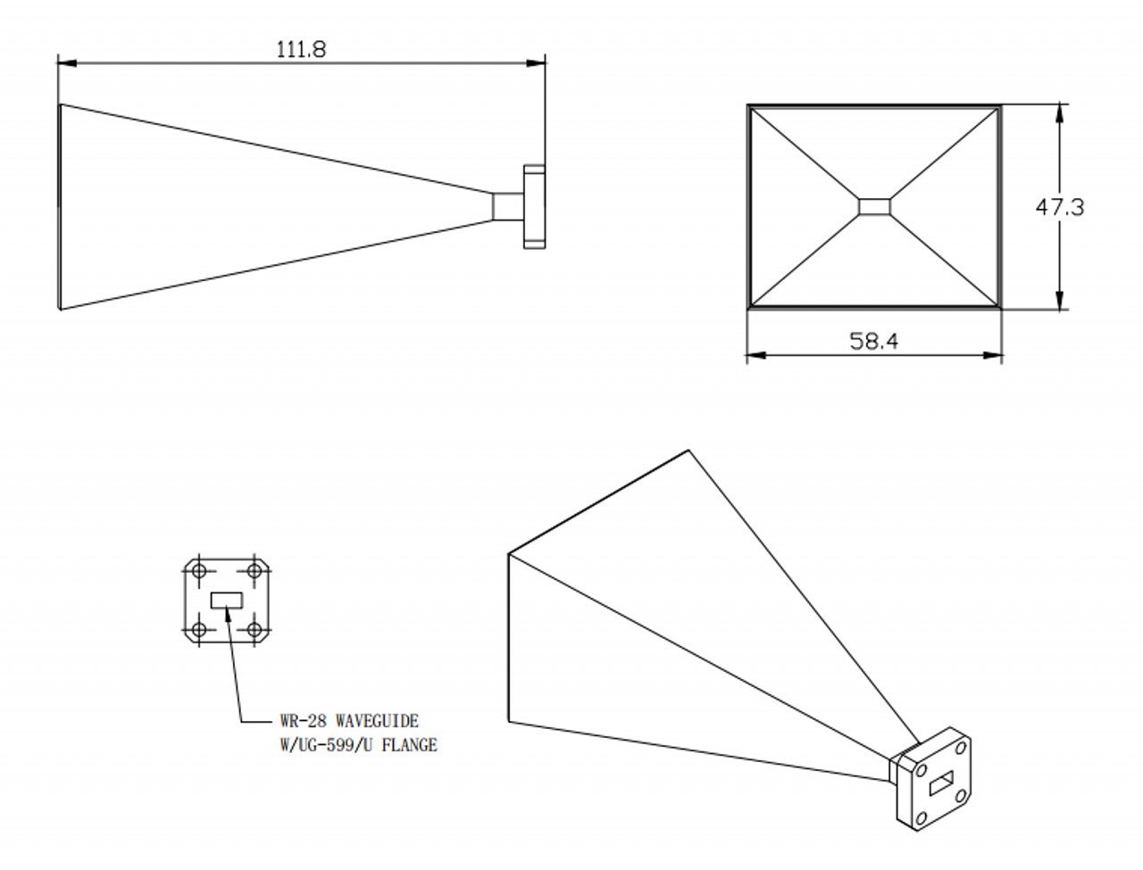 23 dBi Gain, 26.5 GHz to 40 GHz, WR-28 Waveguide Millimeter SGH Antenna-Outline