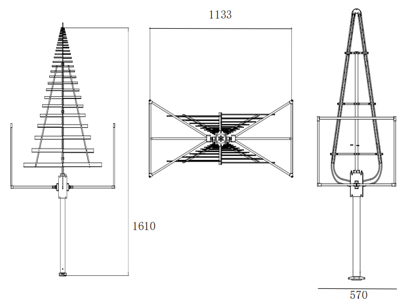 8.5 dBi Gain, 0.03GHz to 3GHz, Stacked Logarithmic Periodic Antenna OVLP-00330-Outline