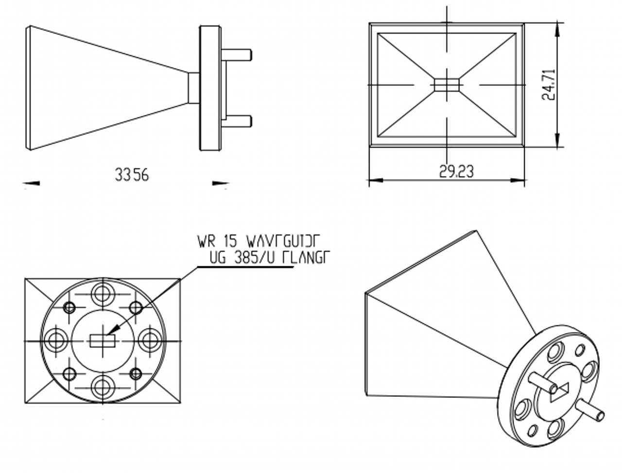 20 dBi Gain, 50 GHz to 75 GHz, WR-15 . OLB-15-20 Waveguide Millimeter SGH Antenna-Outline